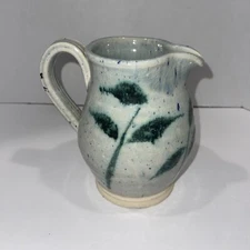 Vintage Pottery Pitcher Vase Jug Ceramic Handmade Blue Green Leaf Design