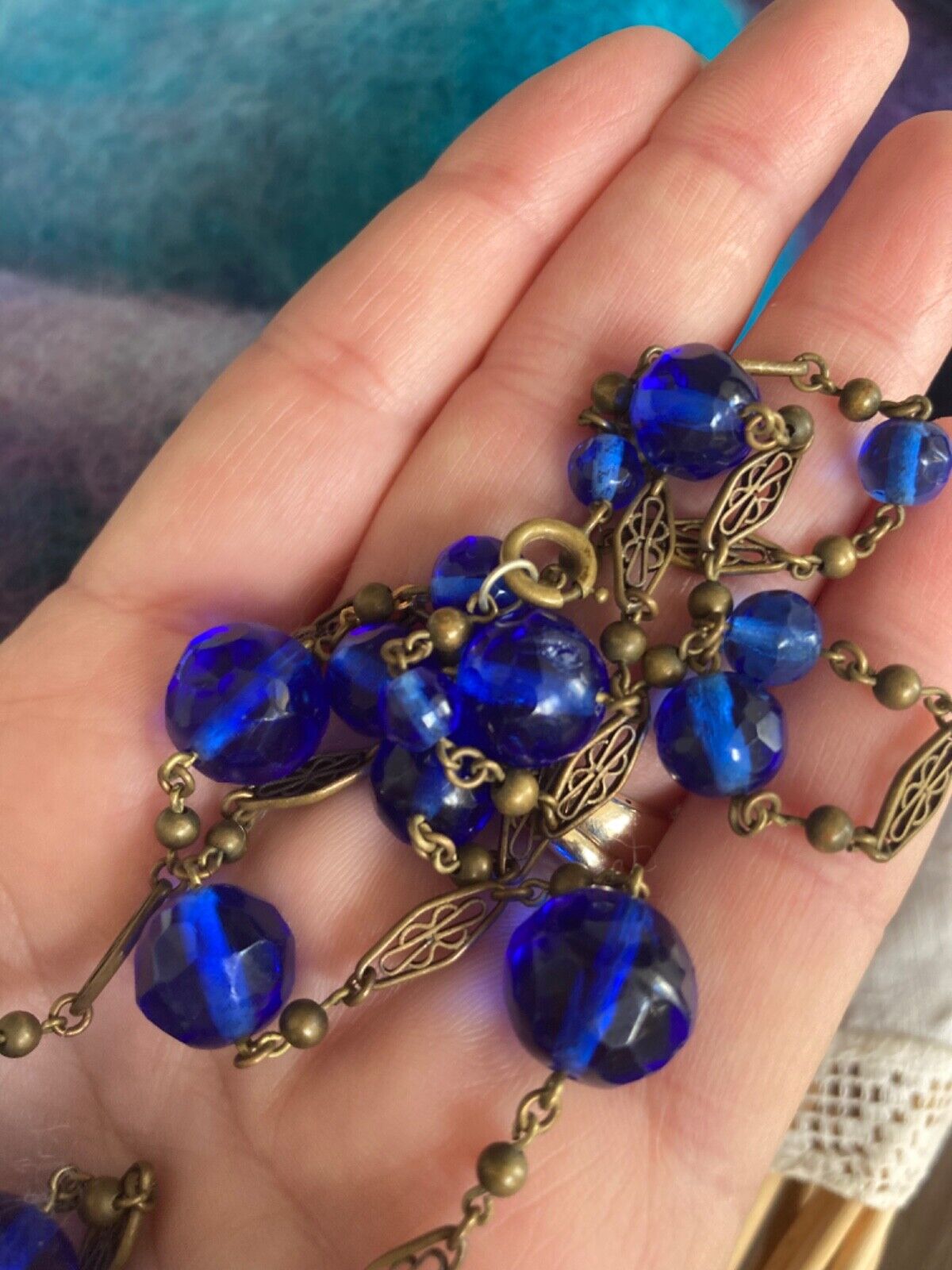 Antique Vtg Blue GLASS Beaded Necklace Art Deco F… - image 11
