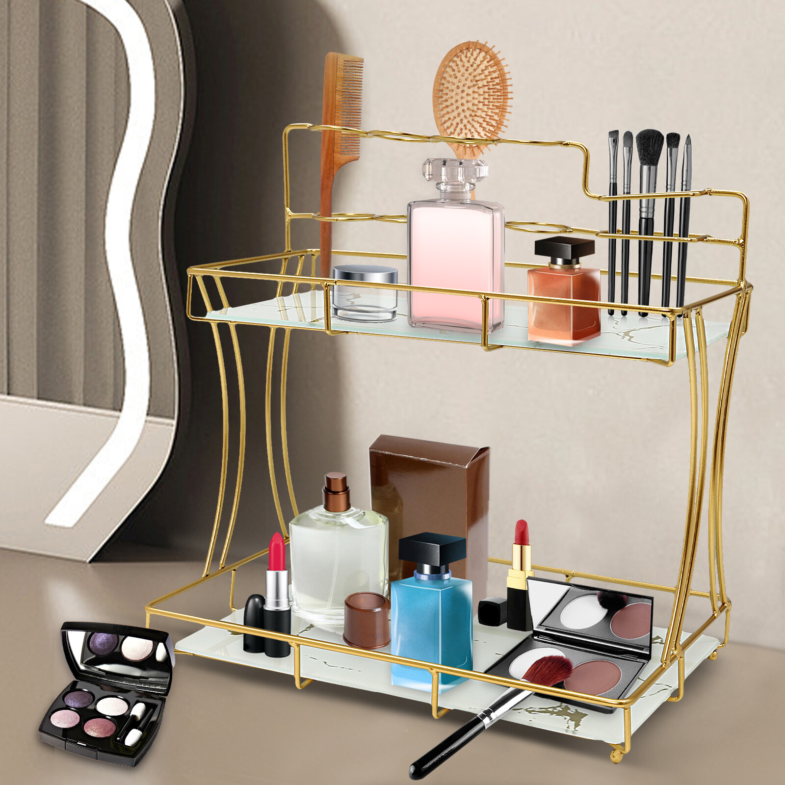 Bathroom Organizer Countertop with Toothbrush Holders, 2 Tier Bathroom Vanity