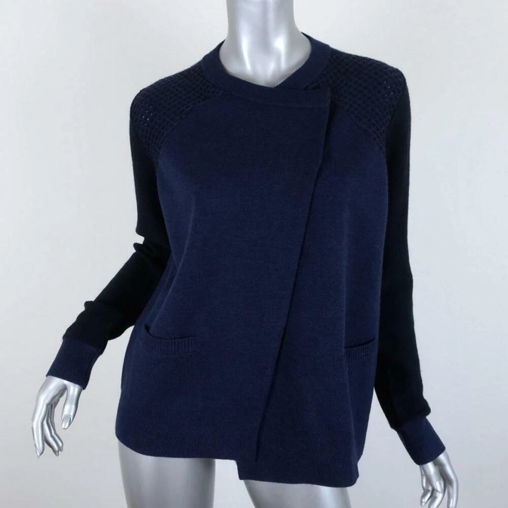 Proenza Schouler Cardigan Navy Paneled Knit Size Medium Asymmetric Sweater