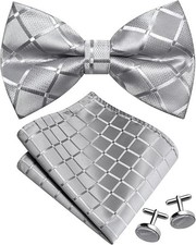 Plaid Light Grey Bow Tie Pocket Square Set for Men Checkered Pre-Tied Bowties...