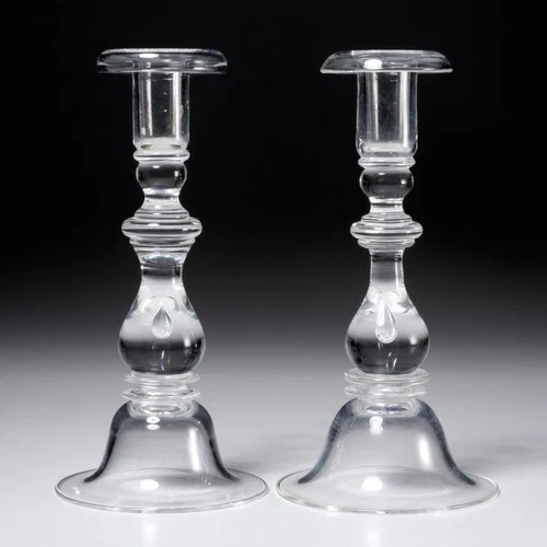 Pair Steuben Signed Crystal Art Glass Teardrop # 7792 Baluster 9" Candlesticks B