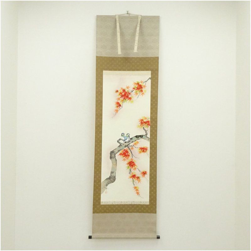 Hideho Fude Autumn Leaves Bird Hand-painted Silk Hanging Scroll Used Very Good