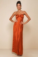Lulus Memorable Entrance Strapless Satin Maxi Dress Orange Basic Sleeved Small