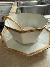 Limoges France Gravy Bowl & Ladle White &Gold 1900’s Excellent