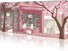 Cat Mouse Pad Large Desk Mat, Pink Cherry Blossom Computer Mousepad with Stitche