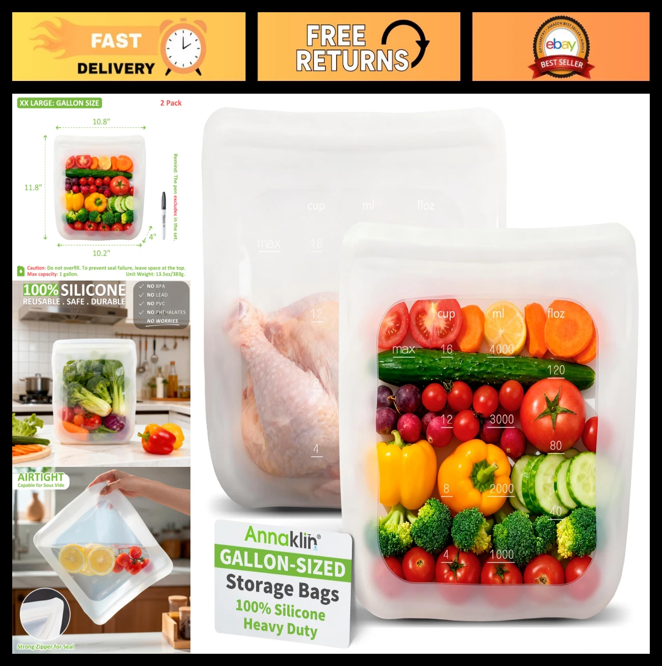 Extra Large 1 Gallon Silicone Storage Bags - Reusable, Leakproof, Freezer Safe,
Opens in a new windo