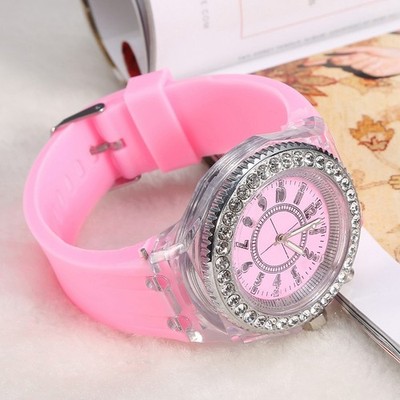 Pink Female Children LED Back Light Quartz Round Watch Silicone Strap Wristwatch