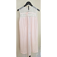 VTG Sears Pink Nylon Nightgown Floral Lace Button Front Romantic Medium 36
