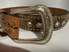 Ranger Belt Co Tooled Leather Cowhide Bling Belt, Silver Tone Buckle Sz 32