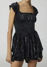 Urban Outfitter Black Gray Velvet Romper Mini Dress Size L Fairycore Whimsigoth 