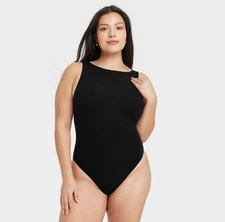 Auden Women's Luxe Stretch Boat Neck Thong Bodysuit, Size M Black 