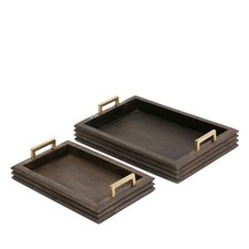Renwil Yucca Modern Wood Decorative Tray Set of 2 Chestnut/Antique Brass Plated