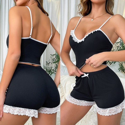 Women Lace Sexy Sleepwear Teddy Babydoll Lingerie Shorts Pajama Sets Nightwear - Picture 2 of 13