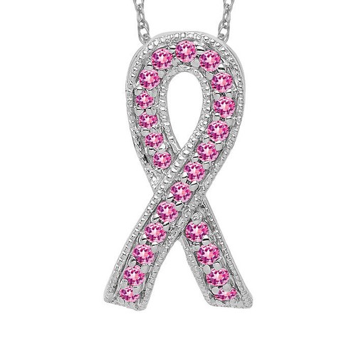14K Solid White Gold Pink Sapphire Breast Cancer Awareness Ribbon Necklace - 第 1/12 張圖片