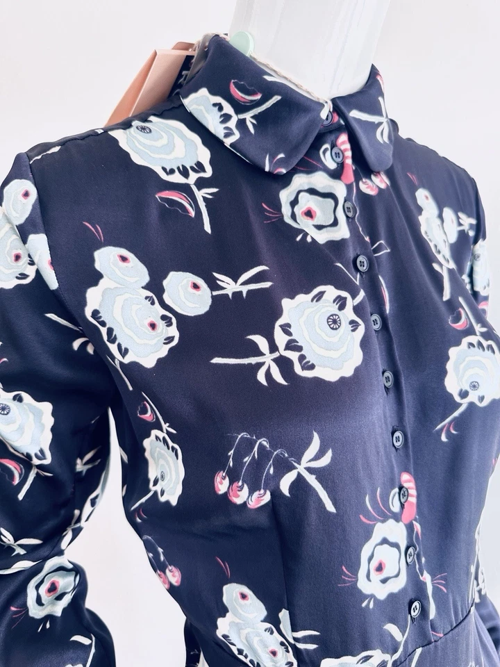 Abito midi ROCHAS abbottonato manica lunga seta floreale blu navy taglia IT40... - Immagine 2 di 4