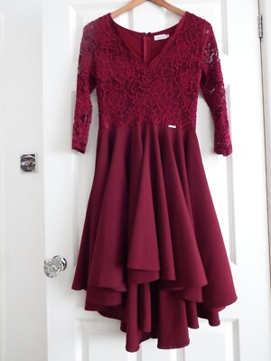 Maroon Red lace Dress fit flare top V-neck Long Sleeve High-low Size S Numoco