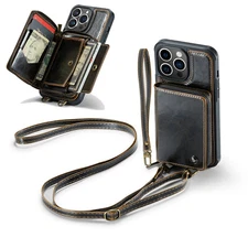 For iPhone 16 15 14 13 Pro Max RFID Blocking Wallet Crossbody Strap Leather Case