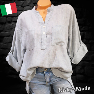 Italy Bluse Oversized Damen Bluse Tunika Fischerhemd  hell Grau 36 38 40