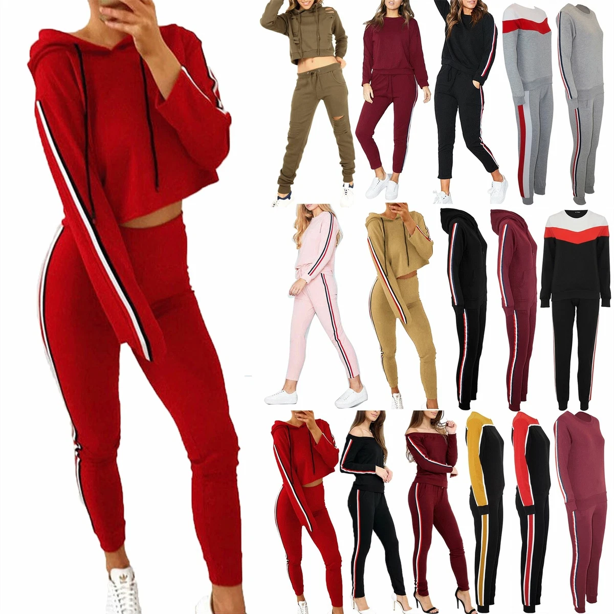 2 Piece Set Women Suit Crop Top Sweatpants Crop Hoodie Set Female