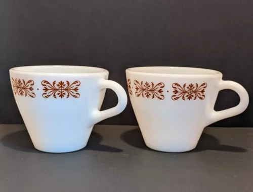 2 Vintage Pyrex Tableware Copper Filigree by Corning Coffee Cup Mug Milk Glass