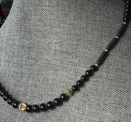 Onyx Bead Necklace Interspersed With Gold Tone Round & Rod Beads 20” - Picture 1 of 6