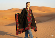 Handstitched Palestinian Poncho Cape - Black Tatreez Embroidery - Boho Ethnic