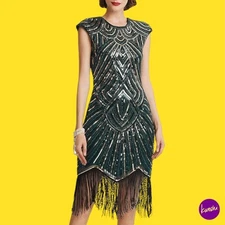 BABEYOND Women's 1920s Flapper Dress, Beaded Fringe Gatsby Style, UK M | EU 38