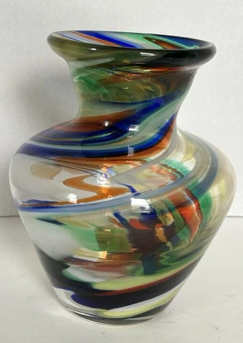 Vintage Handblown Multi-Colored Swirl Pattern Murano Style Art Glass Vase