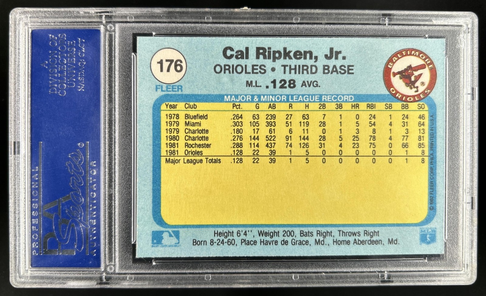 1982 Fleer Cal Ripken Jr. Rookie RC #176 Orioles PSA 7.5 view 2