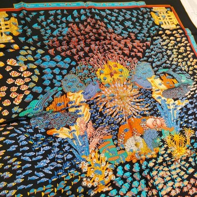 Unused HERMES Carre 90 Rencontre Oceane Fish vintage Silk Scarf