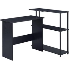 Ievi Wooden Top Writing Desk with Built-in Right Side Bookcase in Black