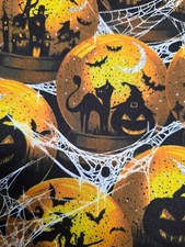 Halloween Themed Glitter Fabric Cat Pumpkins and Haunted House 1.14 YDS 42" Wide