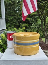 RARE Brush McCoy BUTTER Crock & Lid DANDY LINE SERIES Yellow Ware BLUE Band