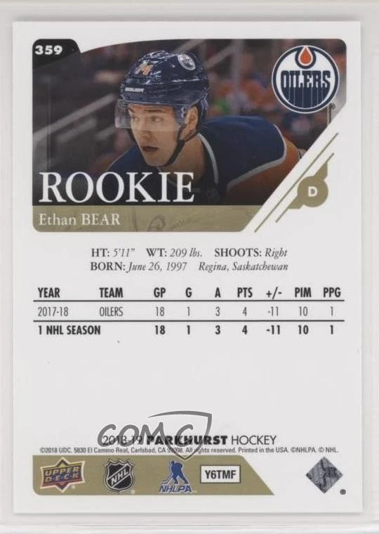 2018-19 Upper Deck Parkhurst Rookies Platinum 1/1 Ethan Bear #359 Rookie RC w9e - Image 2 of 3