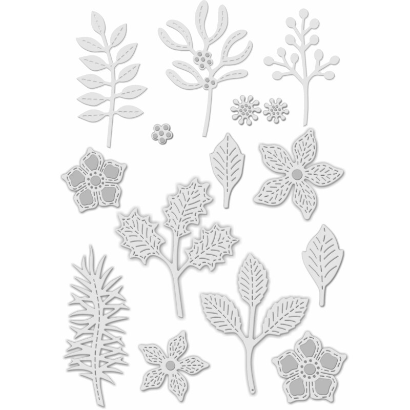 Sweet Dixie Stitched Winter Foliage Holly 14 Piece Die Set Christmas Card Making