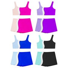 Kids Girls Crop Top With Shorts U Neck Sports Set Performance Stretchy Costume
