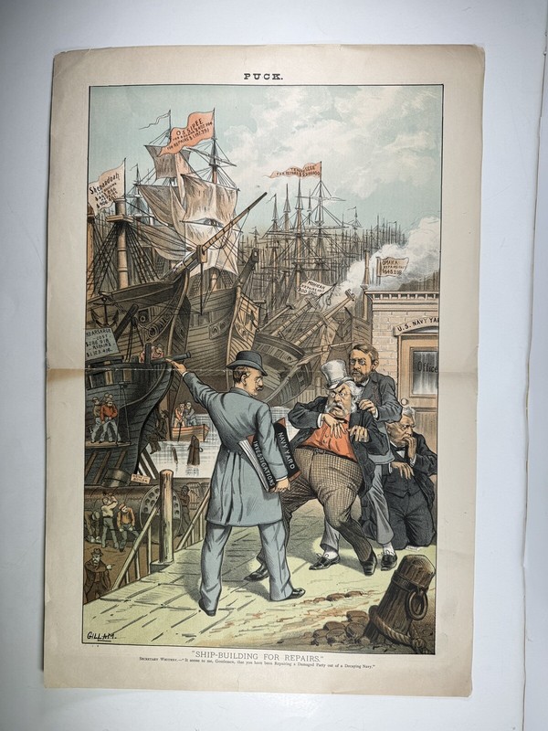 Puck Chromolithograph Print Original-“Ship Building For Repairs-Gillam-