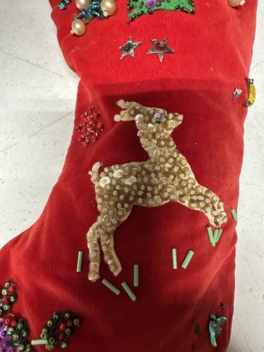 Vintage Velvet Sequins, Beading, Bells Tree, Deer, Bell 23" Christmas Stocking - Picture 7 of 8