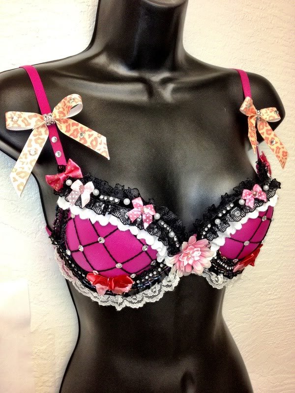 NWT Hot Pink Lace Rhinestone Push Up Bra Fishnet Ribbon Bows