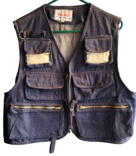 Walker Fishing Vest Mens XL Cotton Blue Denim Zip Pockets Outdoor Vintage 60s - Picture 2 of 12