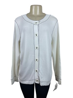 Emma James White Cardigan Sweater Rnd Collar Eye Catching Button Front Sz L New