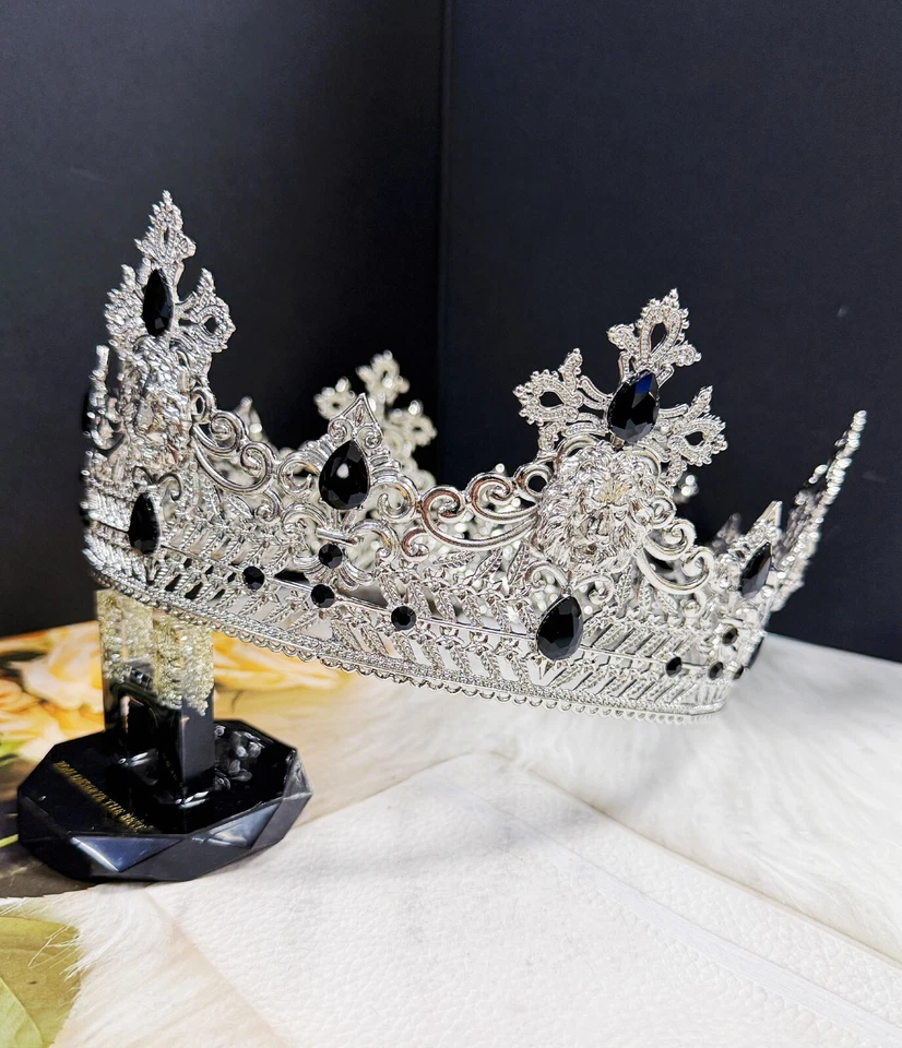 Corona de Plata Rey León, Tocado de Boda Príncipe, Corona de Cristal Negro para Novio Foto 4 de 4