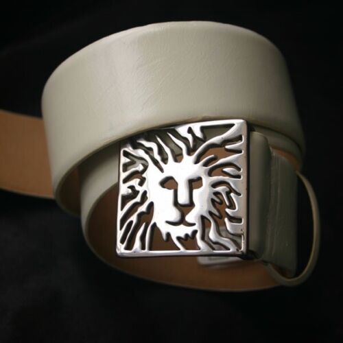 ANNE KLIEN Chrome Lion Logo Buckle on Bone White Leather Belt - Afbeelding 1 van 4