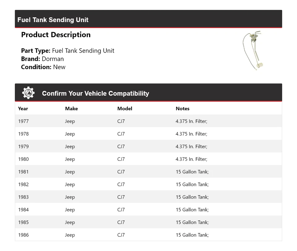 Unidad de envío de tanque de combustible para Jeep CJ7 1977-1986 Dorman 1978 1979 1980 1981 1982 Foto 2 de 4