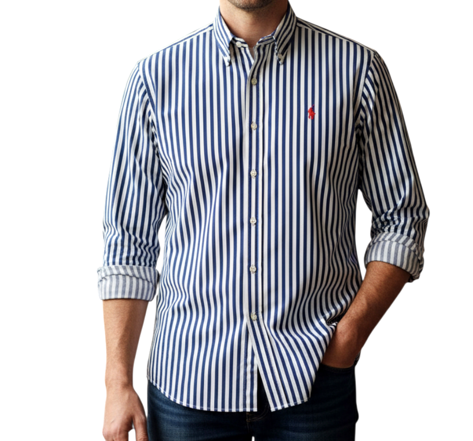 POLO RALPH LAUREN GOLF Tilden Button-Up Shirt BLUE/WHITE STRIPES Red Pony Logo L