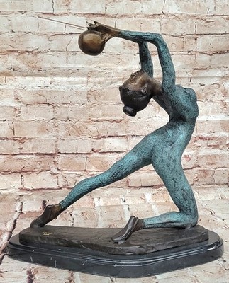 15'' SIGNED BRONZE STATUE NUDE GYMNAST ART DECO DETAILED SCULPTURE ON MARBLE BASE