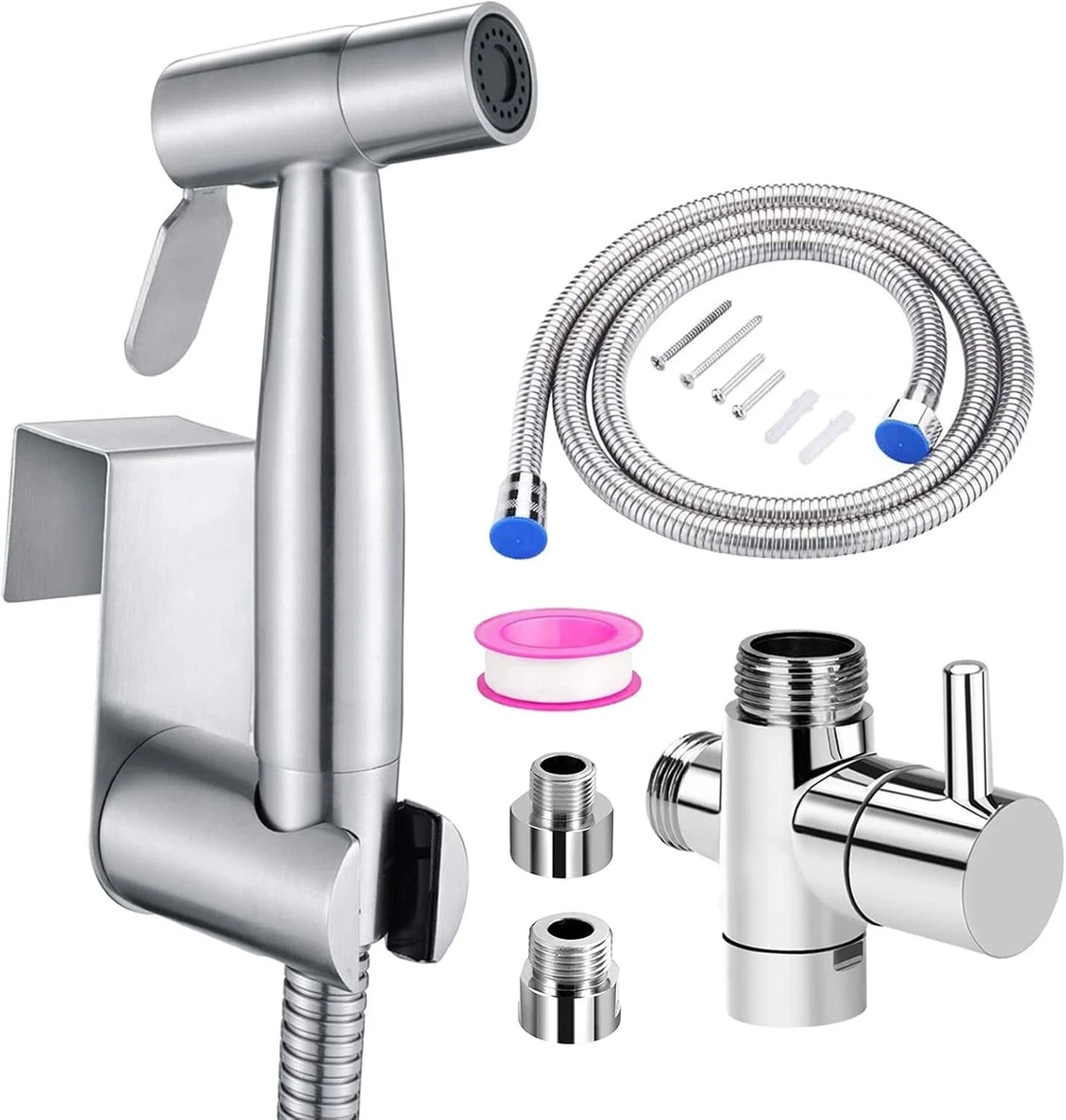 WC Ducha de Mano Bidé Acero Inoxidable 150cm Manguera 3 Vías Válvula Plata Montaje en Pared
