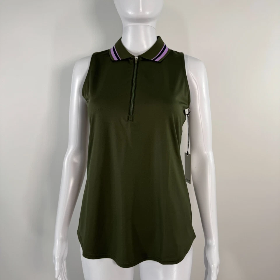 Jofit Women’s Cutaway Polo with Rib Collar Size XS Green Sleeveless Zipper Top - Image 2 of 4