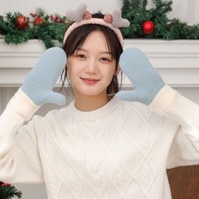 Mitten Double Sided Cute Knit Thick Velvet Warm for Women Mint